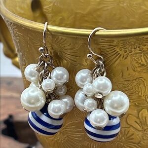Pearl Ceramic Bead Blue White Striped Drop Dangle Women’s Earrings Gold Tone